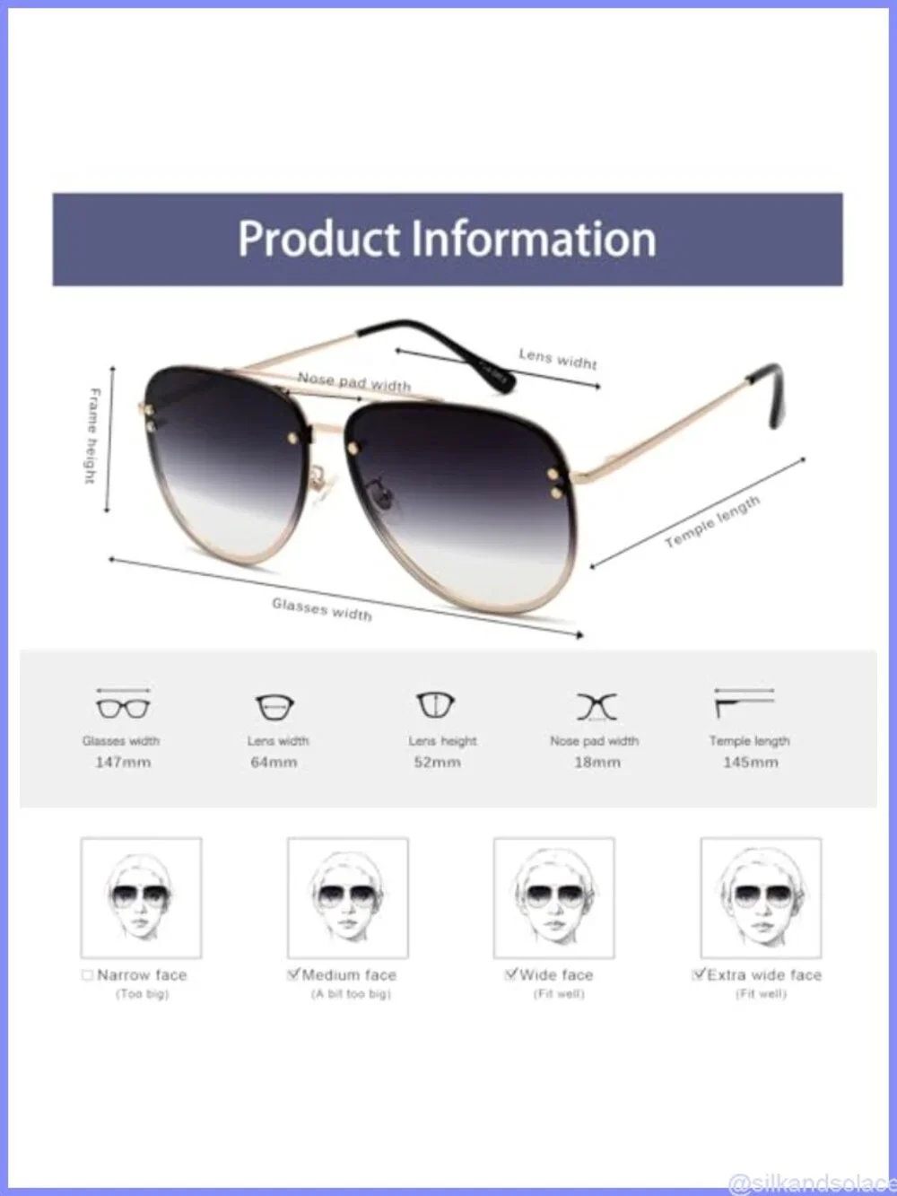 Oversized Aviator Sunglasses Metal Frame UV400 Gradient Lens